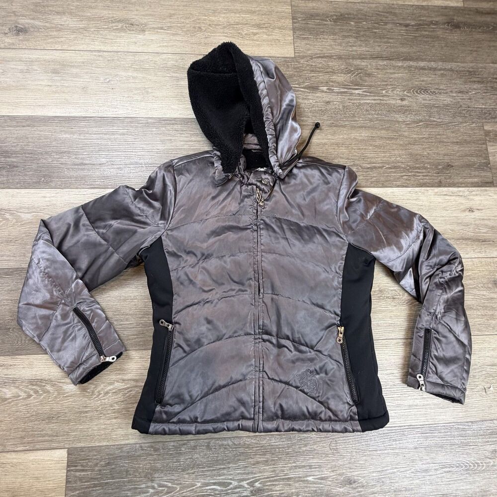Harley-Davidson Jacket Womens Size L Gray Hooded Down Puffer Fleece Lined Biker